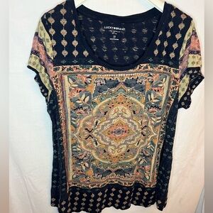 Lucky Brand navy Gold cotton Graphic cap sleeve Asian Indian inspo tee Blouse 1X